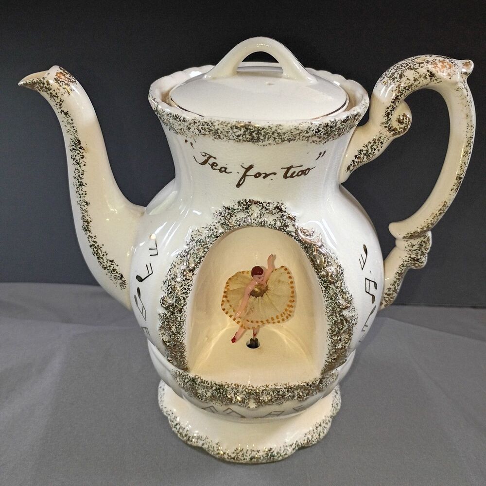 Vintage Musical Teapot Spinning Ballerina Tea for Two Japan Ceramic